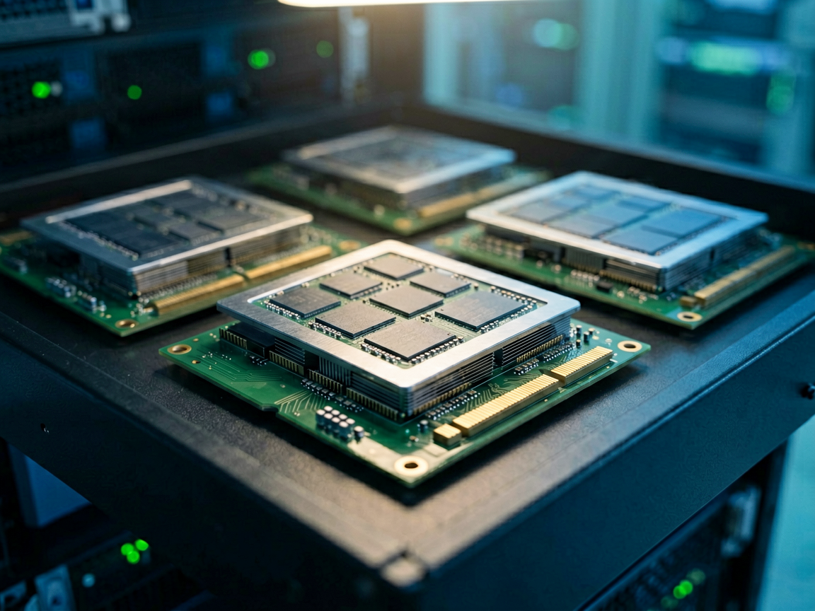 Close-up of an AI accelerator card with stacked HBM modules mounted on a server board inside a data-center rack.