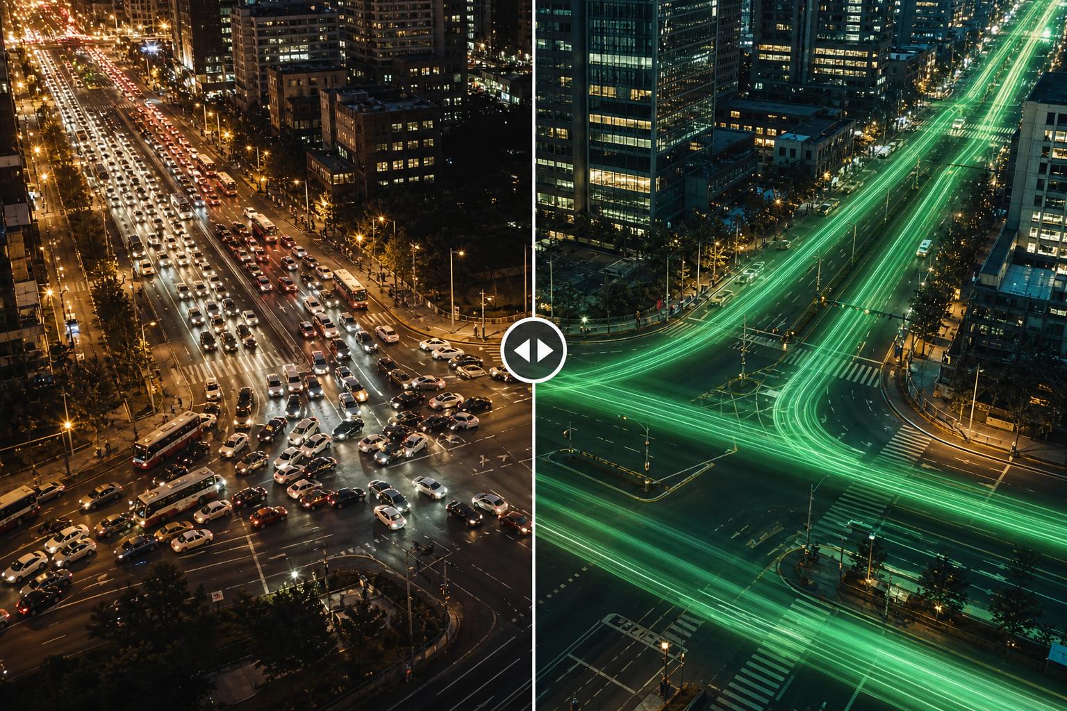 A stylized aerial view of a city intersection at dusk with glowing green light trails indicating smooth traffic flow