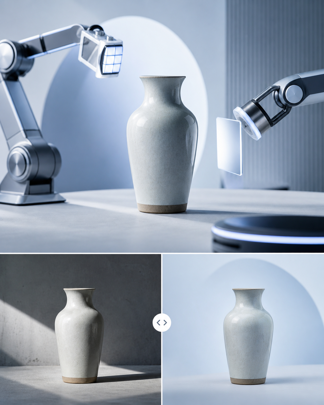 A stylized digital workspace showing a clean product photo being processed by abstract mechanical arms, symbolizing automated editing workflows.