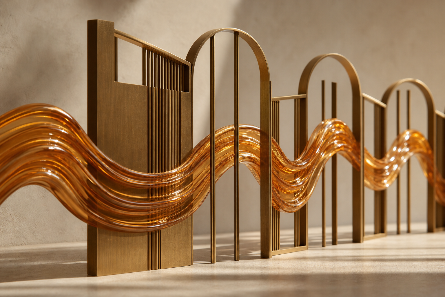 A conceptual editorial photo of a fluid glass wave passing through precise brass architectural gates, symbolizing emotion guided by strict rules.