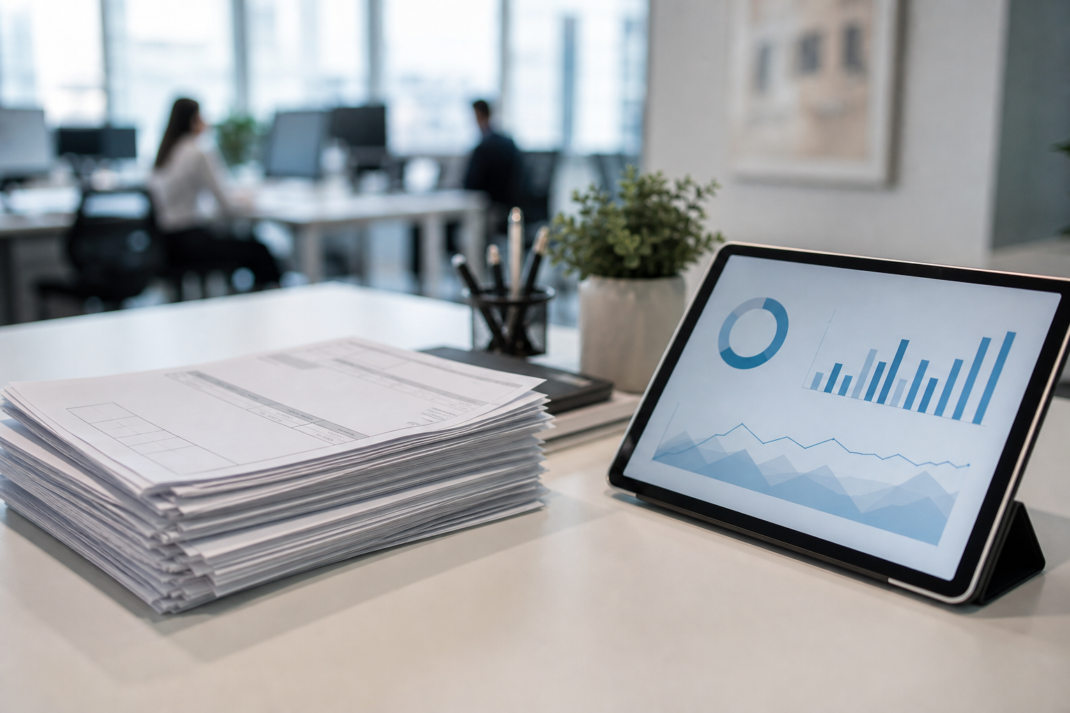 A modern office desk with financial documents and a tablet displaying abstract data visualization