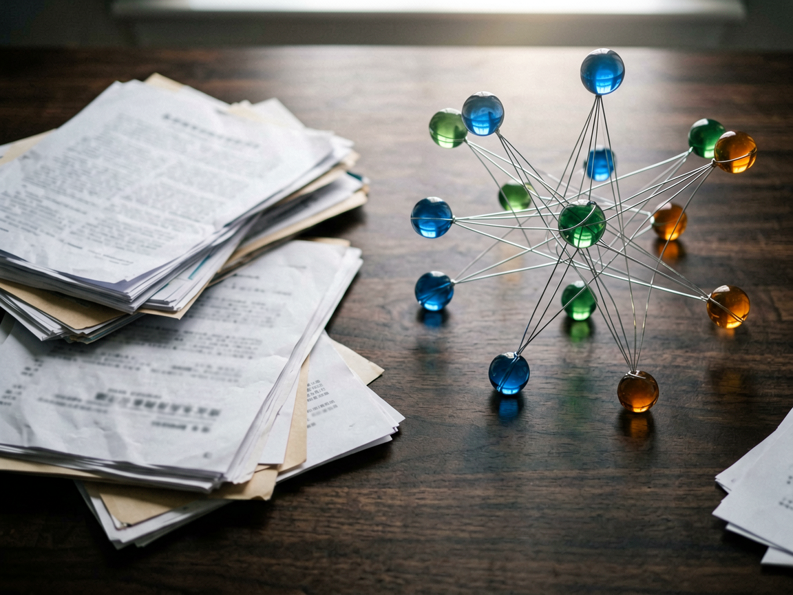 A still-life scene of stacked medical and financial documents with a small, illuminated knowledge-graph model on top, representing the shift from vector search 