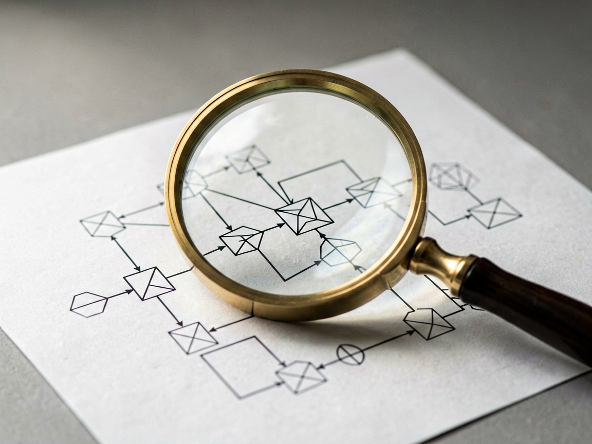 A conceptual editorial image showing a magnifying glass revealing intricate causal connections within a complex diagram.