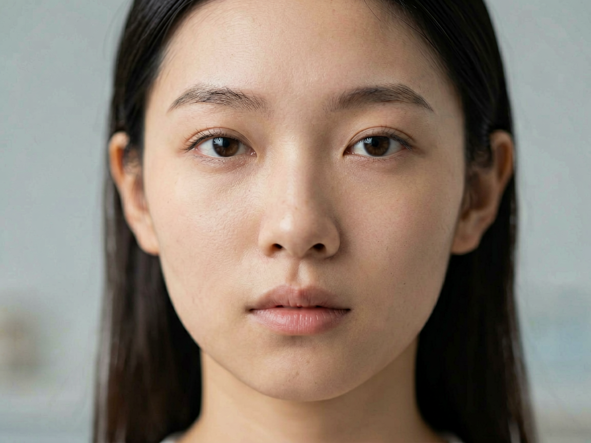 A close-up of a hyper-realistic digital avatar's face with subtle emotional expression, illuminated by soft studio lighting.