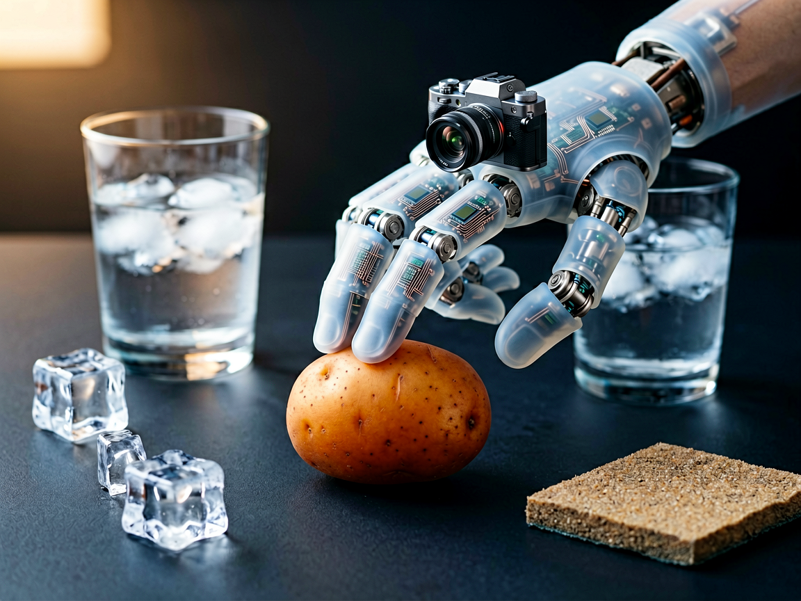Robotic fingertip with translucent tactile sensor touching textured materials alongside a small camera