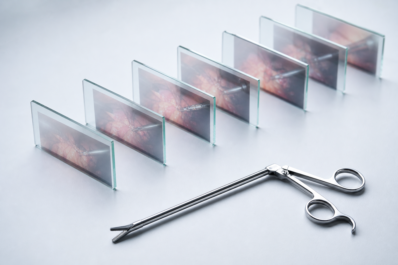A conceptual editorial image showing a sequence of surgical frames on glass slides next to a medical tool.