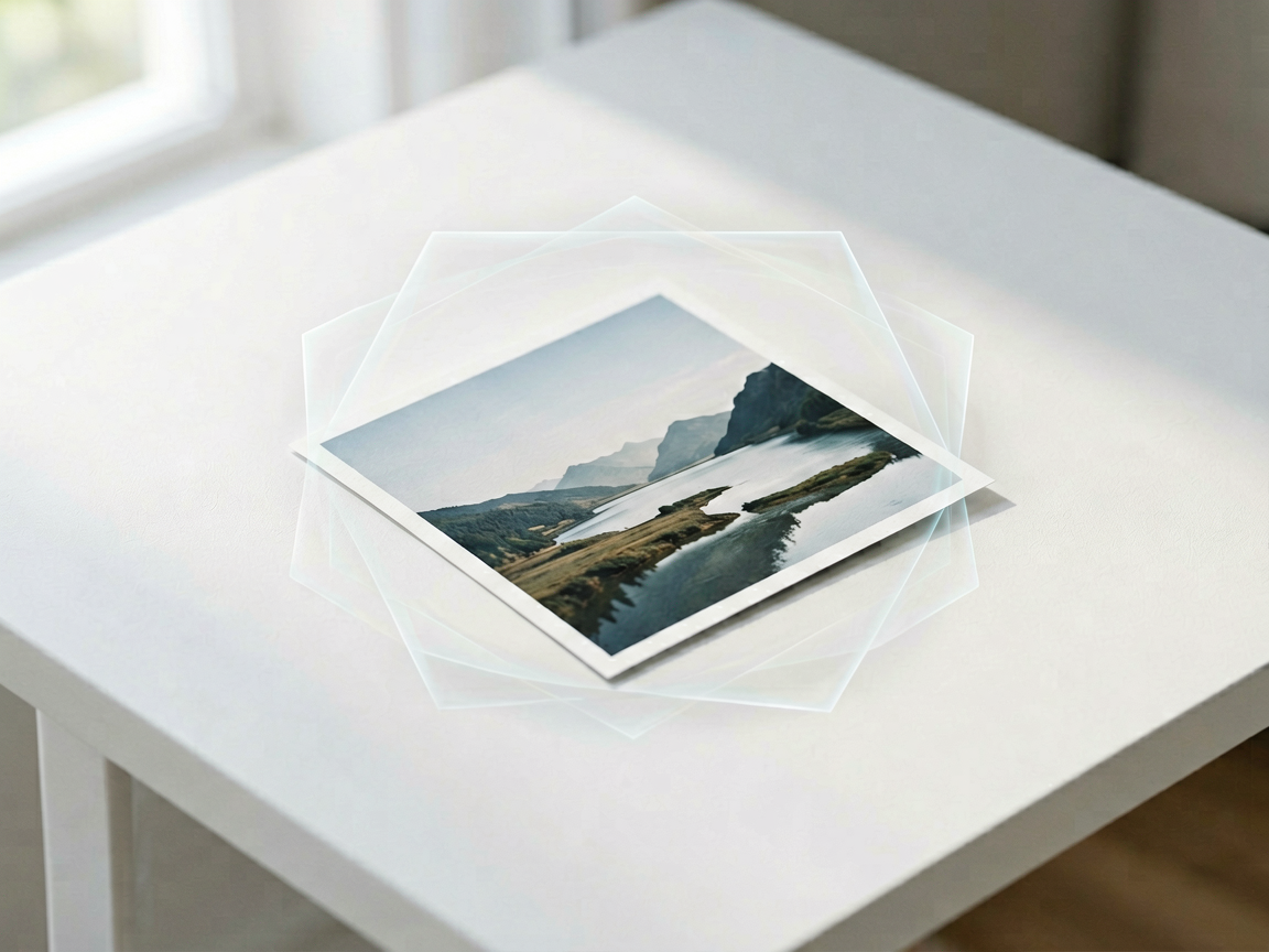 A pristine, high-resolution photograph on a clean desk, protected by a subtle, transparent digital shield overlay, symbolizing verified content integrity.