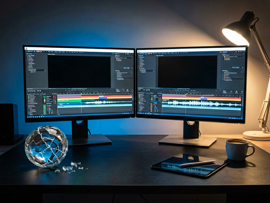 A cinematic workspace showing a dual-monitor setup with professional video editing software interfaces, surrounded by physical props representing the blend of d