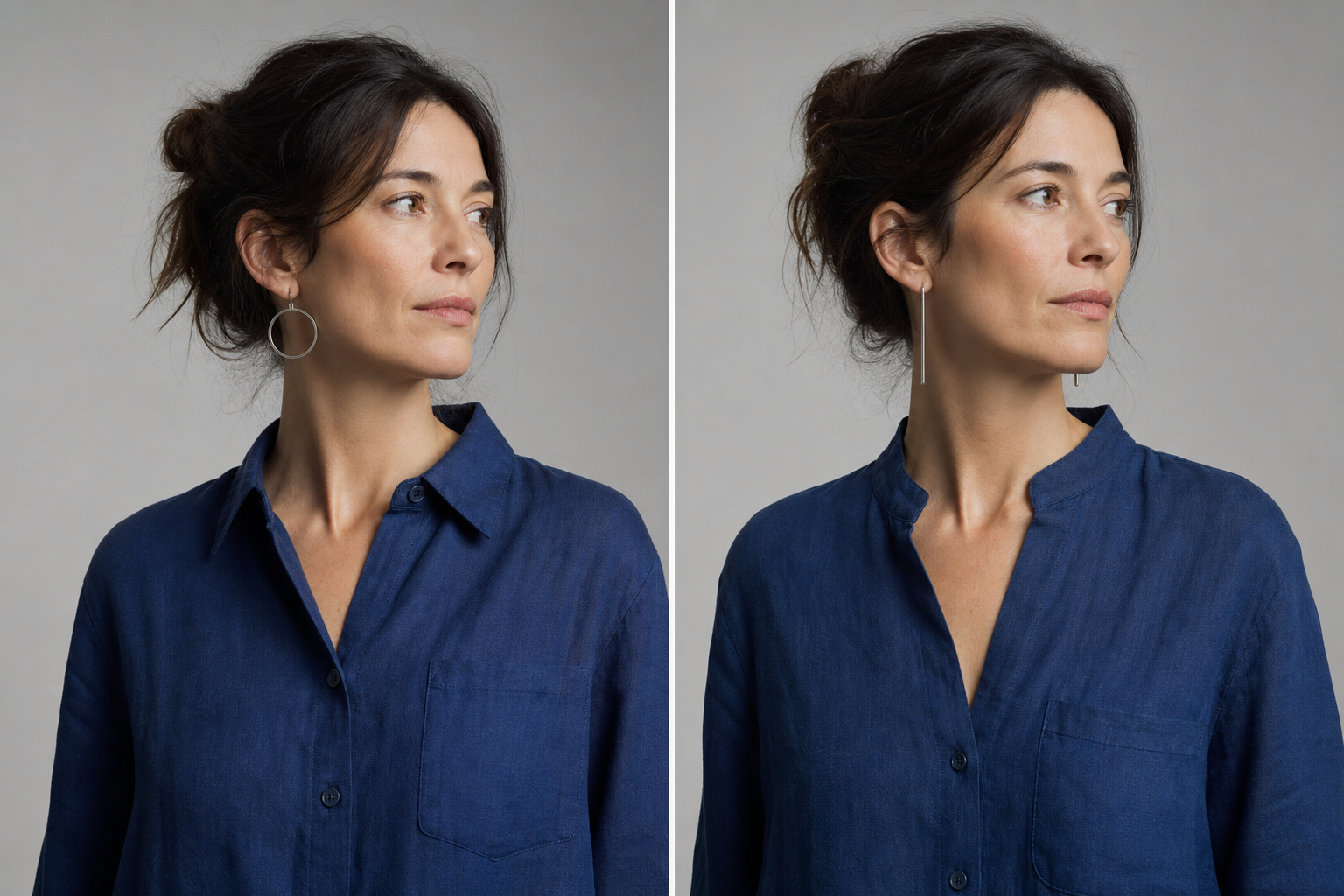 A split-screen editorial concept showing a character's shirt changing color and an earring changing shape between two frames.