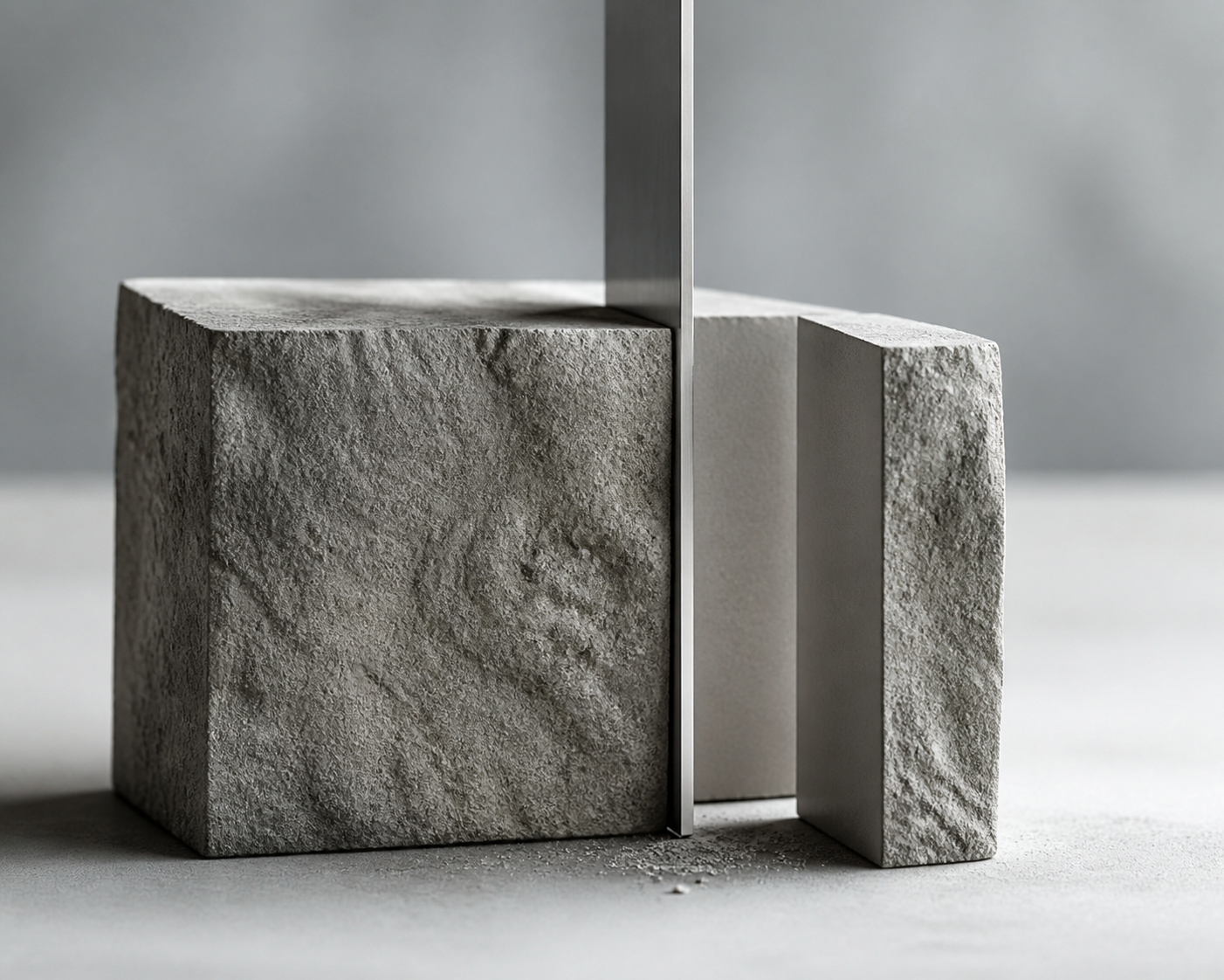 A minimalist editorial still life showing a rough block of grey stone being precisely cut by a thin, sharp blade, revealing a clean geometric shape inside, symb