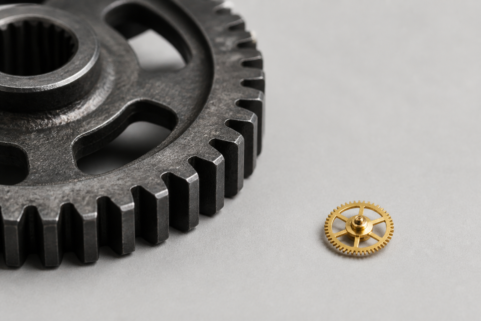 A giant industrial steel gear and a tiny precision watch gear side-by-side on a neutral background.