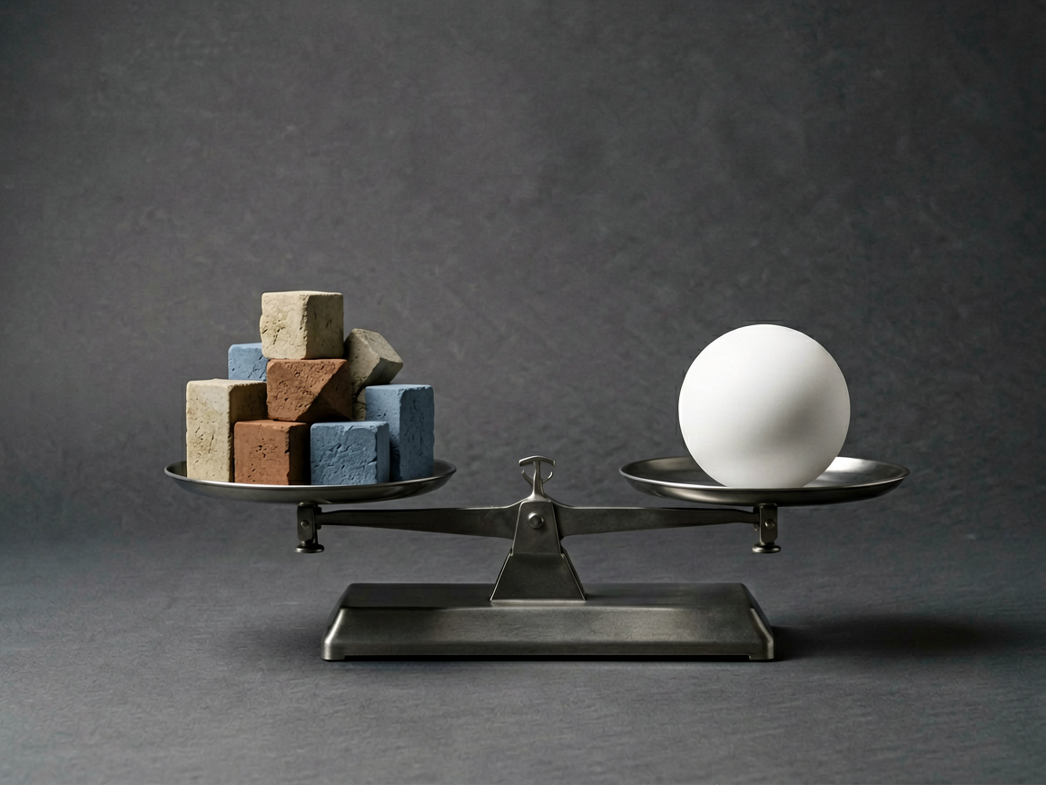 Editorial still life showing a precision balance scale with multiple distinct geometric weights on one side and a single large weight on the other, symbolizing 