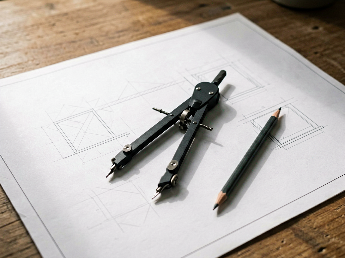 Editorial still life of precise drafting tools representing structured workflow