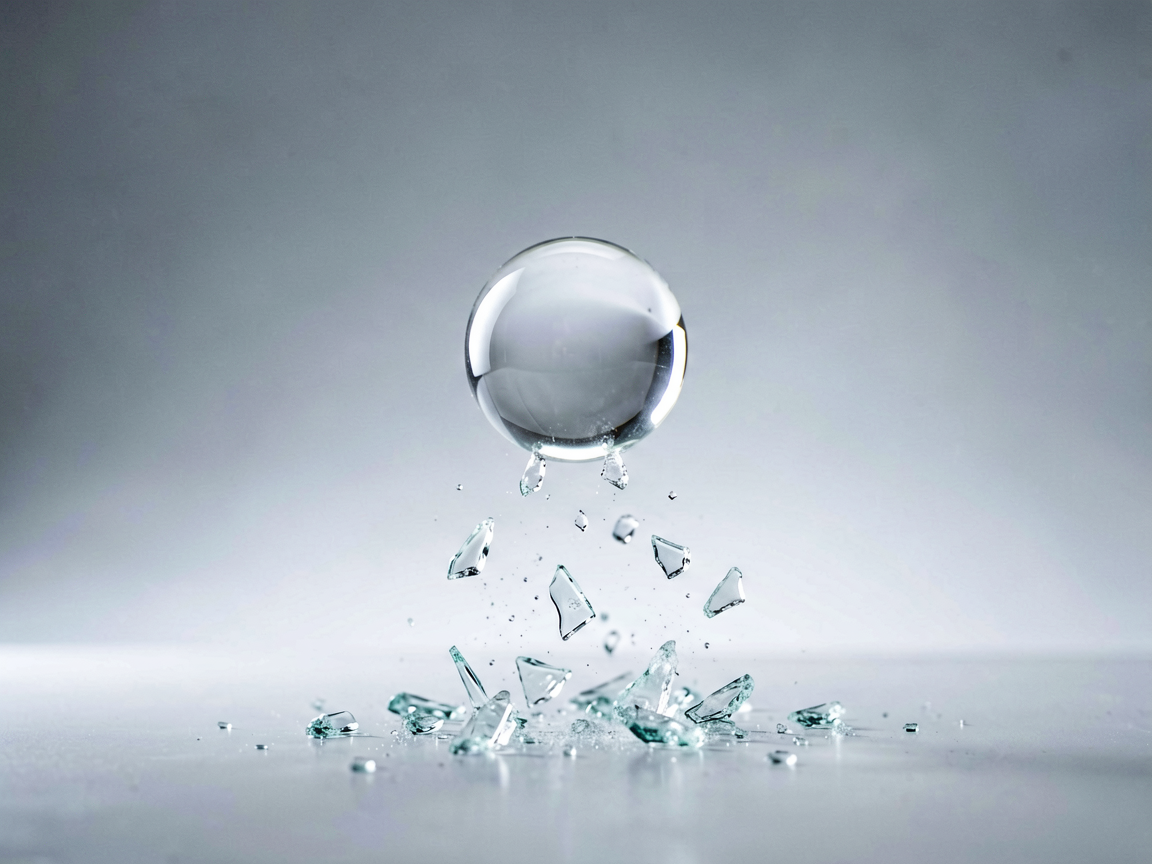 A surreal editorial still life showing a glass sphere shattering mid-air with fragments falling realistically against a blurred background, symbolizing physics 
