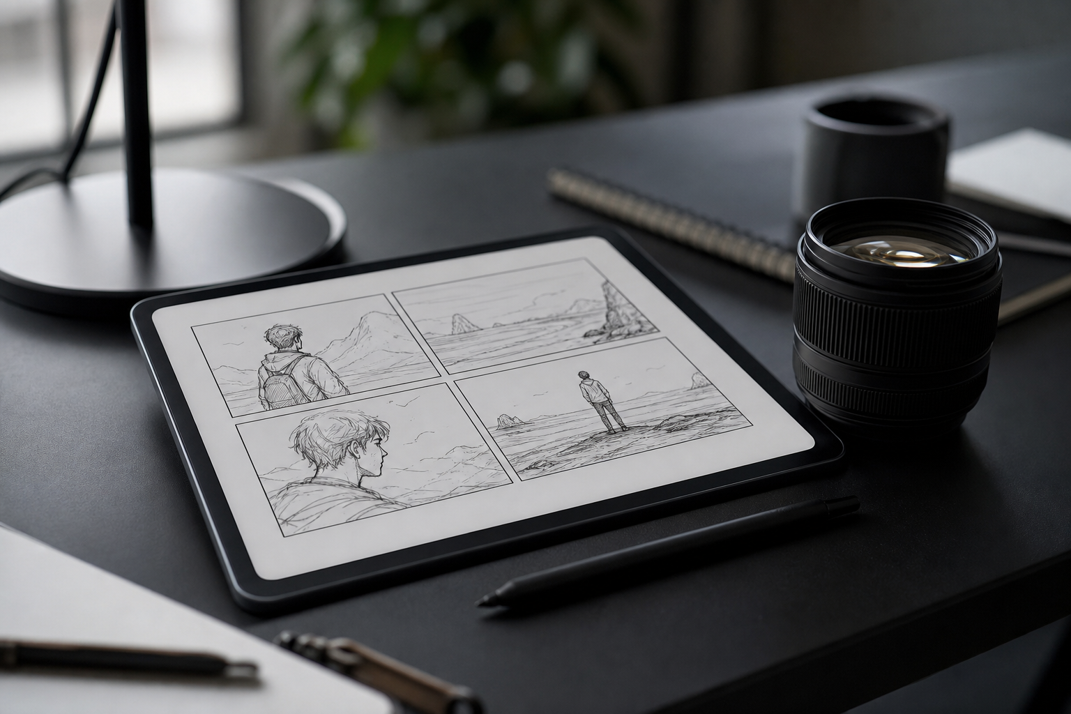 A modern creative workspace featuring a tablet displaying a storyboard grid and a camera lens, symbolizing controlled AI video production.