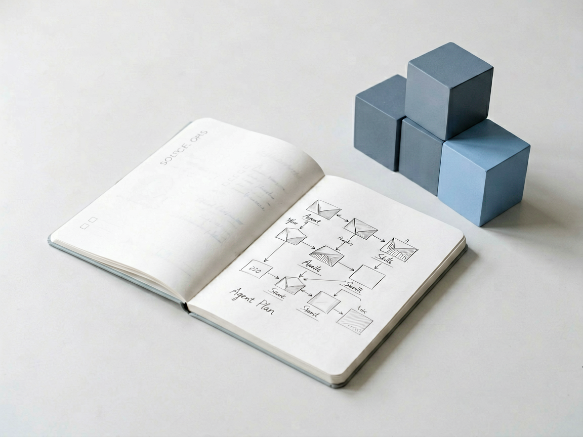A conceptual editorial still life representing structured workflow automation and modular design