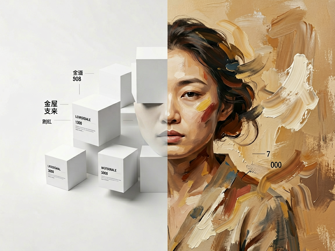 A split composition showing a rigid, geometric AI interface on one side and a fluid, chaotic human emotional expression on the other, separated by a sharp line.