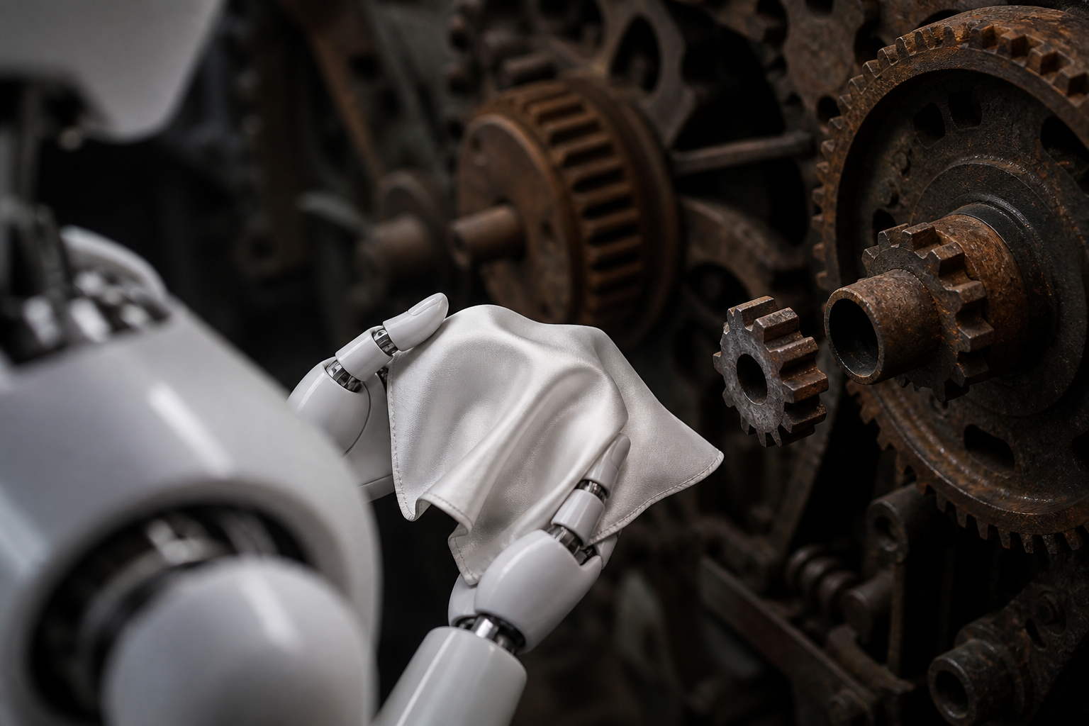 A robotic hand holding a silk handkerchief in front of a frozen industrial gear system.