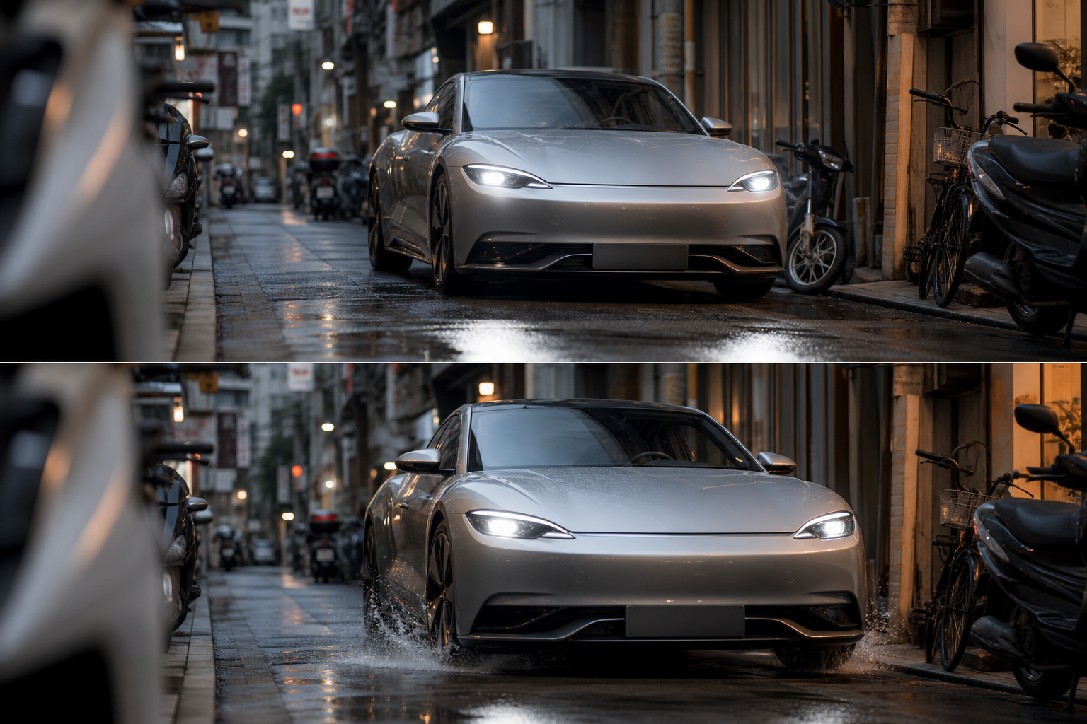 A sleek electric sports car navigating a complex, narrow urban alleyway at dusk, highlighting autonomous navigation capabilities.