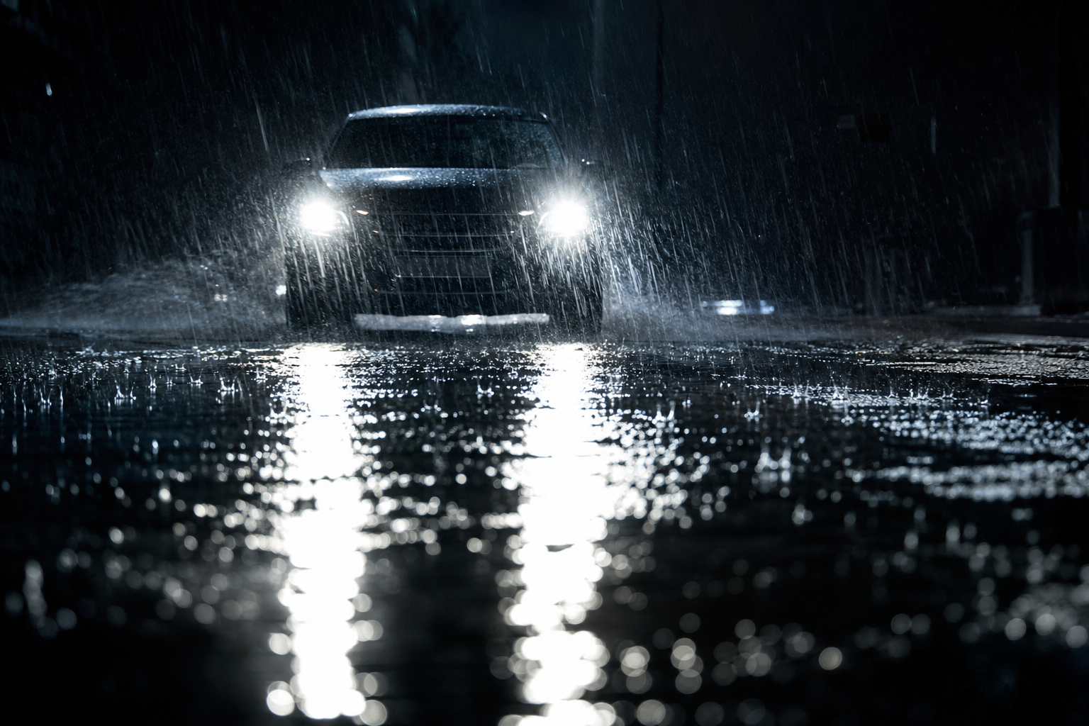 A car driving at night on a rain-soaked road with deep puddles reflecting headlights, shot from a low angle.