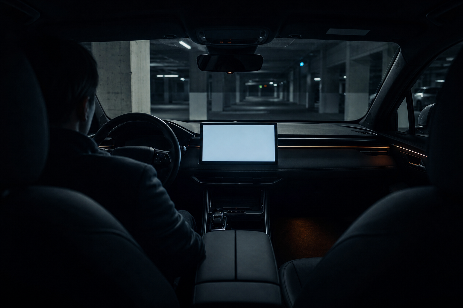 Car interior in a dark underground parking garage with a glowing blank center console screen