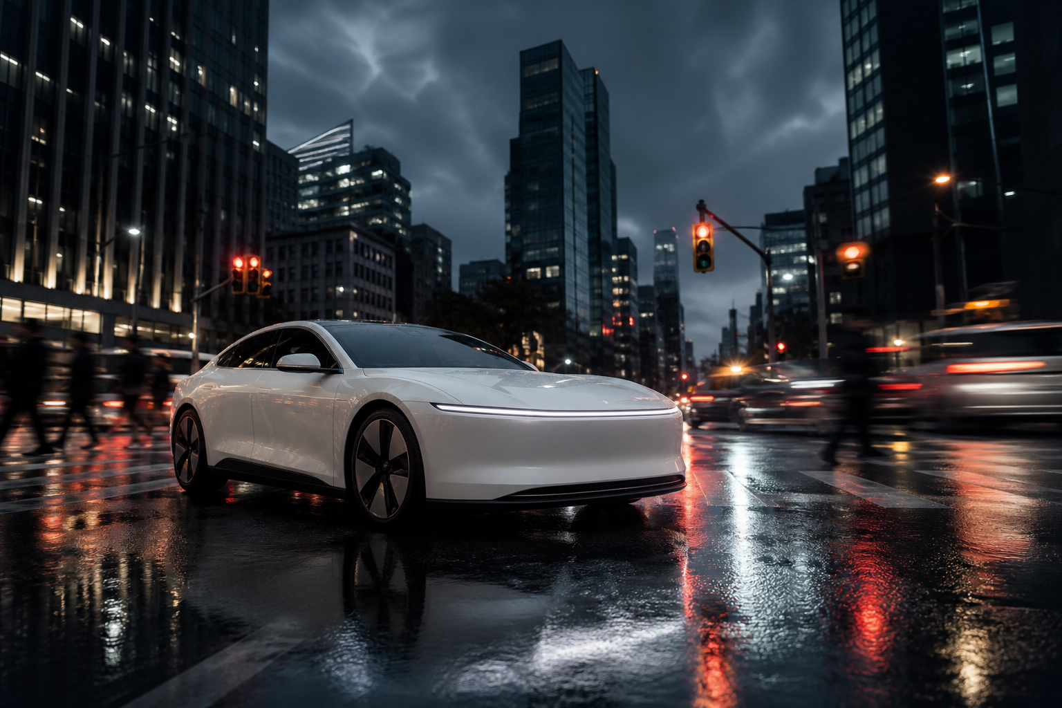 A sleek, modern vehicle navigating a complex urban intersection with blurred motion, representing advanced autonomous driving amidst real-world challenges.