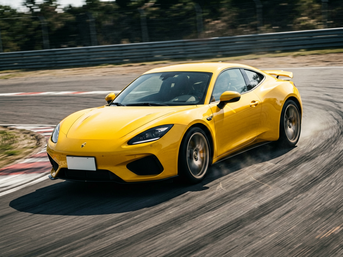 A dynamic editorial shot of a yellow sports car navigating a sharp turn on a sunlit racetrack, emphasizing motion and technical precision.