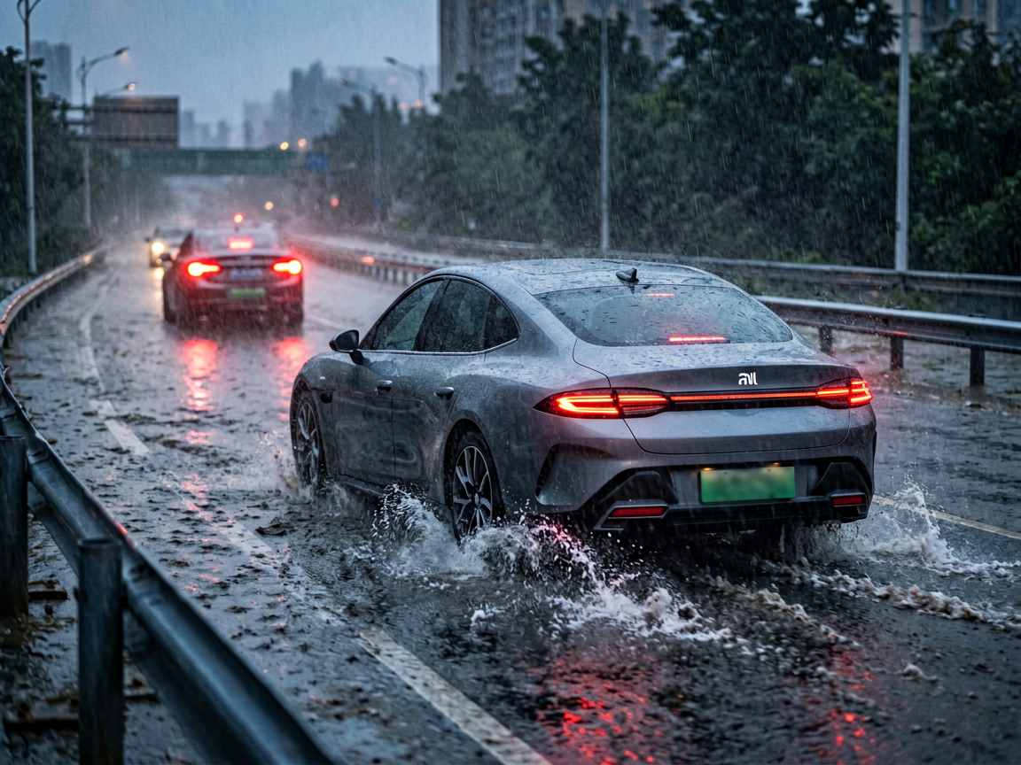 Xiaomi SU7 Ultra driving through deep water on a flooded highway during a heavy rainstorm at dusk, with no visible lane markings.