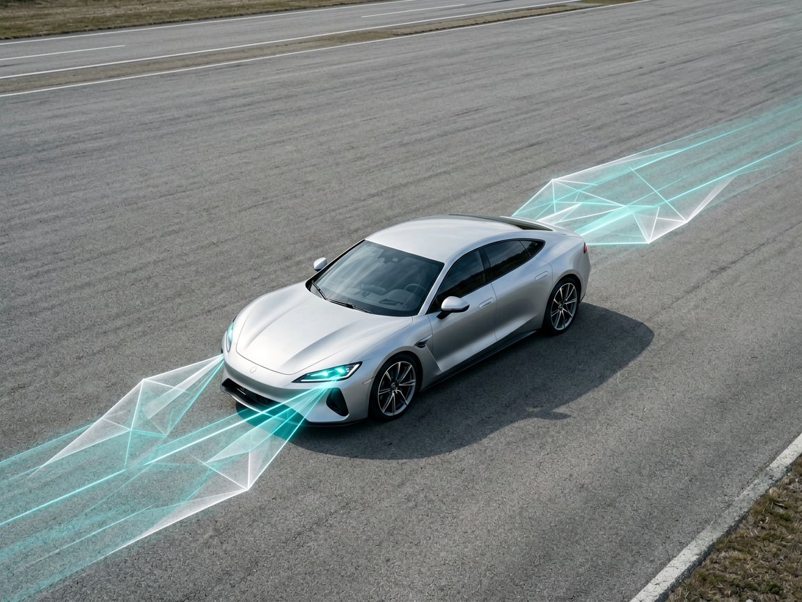 A sleek sports car on a test track surrounded by abstract digital data streams