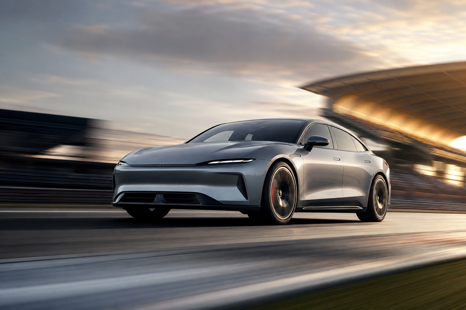 A sleek, high-performance electric sedan in motion on a modern track