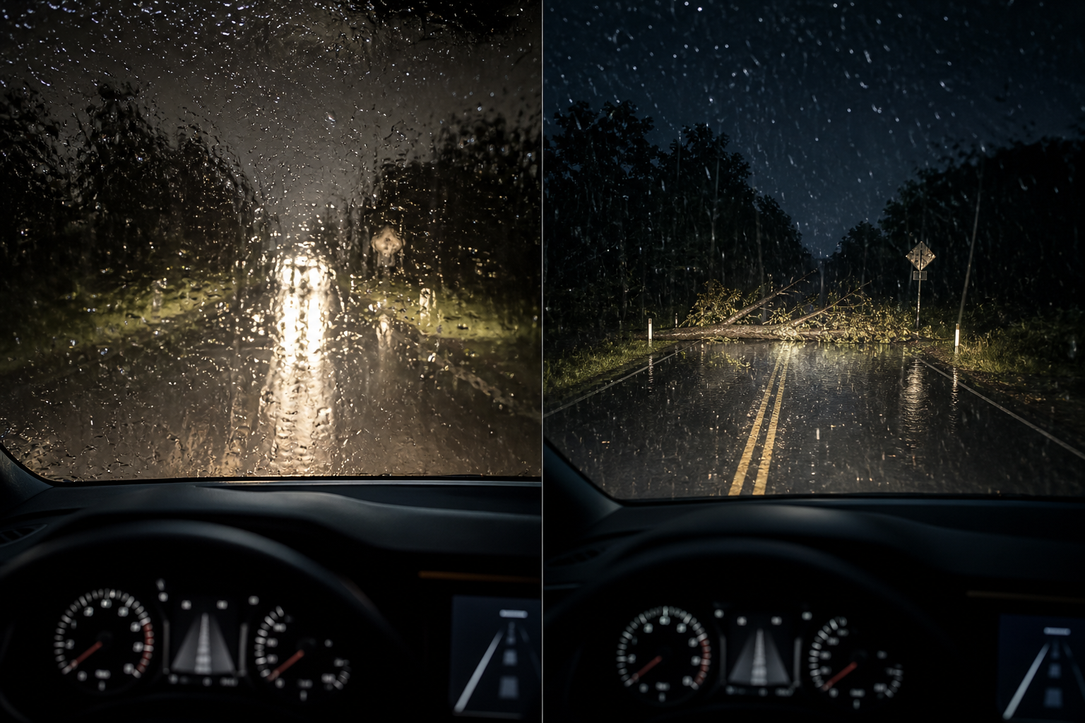 A car's front view through a rain-streaked windshield at night, headlights illuminating a flooded, reflective road surface that creates a dangerous optical illu