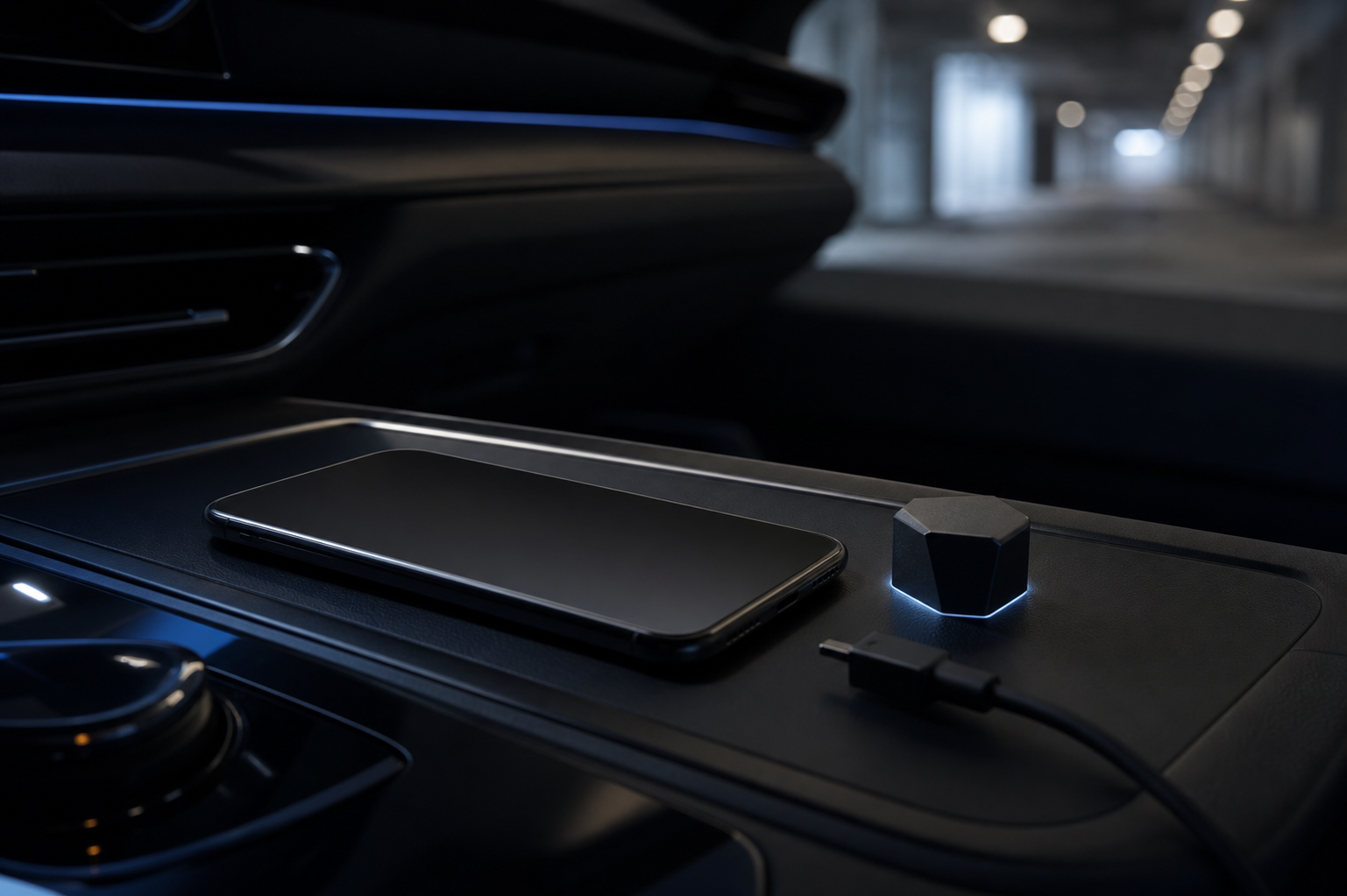 A minimalist editorial still life showing a sleek smartphone resting on a dark dashboard surface next to a small, disconnected potted plant, symbolizing local v