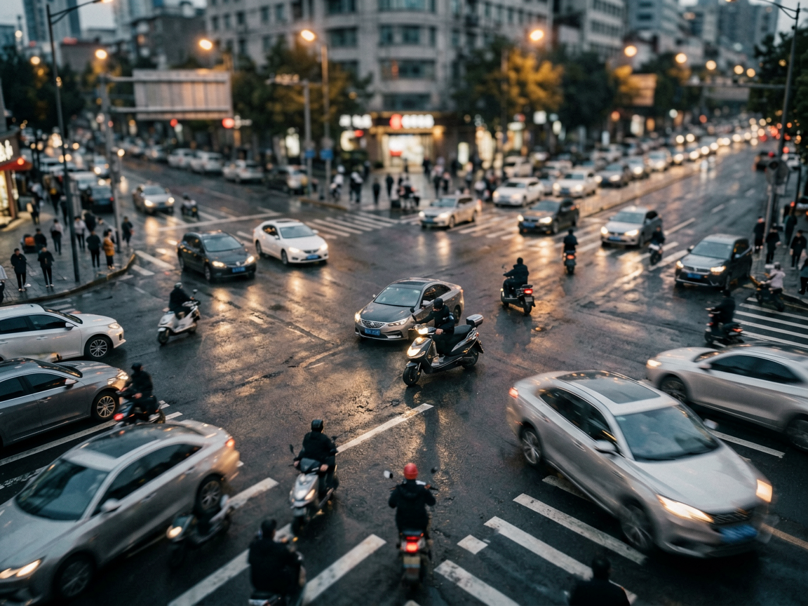 A high-angle editorial shot of a busy urban intersection at dusk, highlighting the flow of mixed traffic including cars and scooters, with subtle depth-of-field