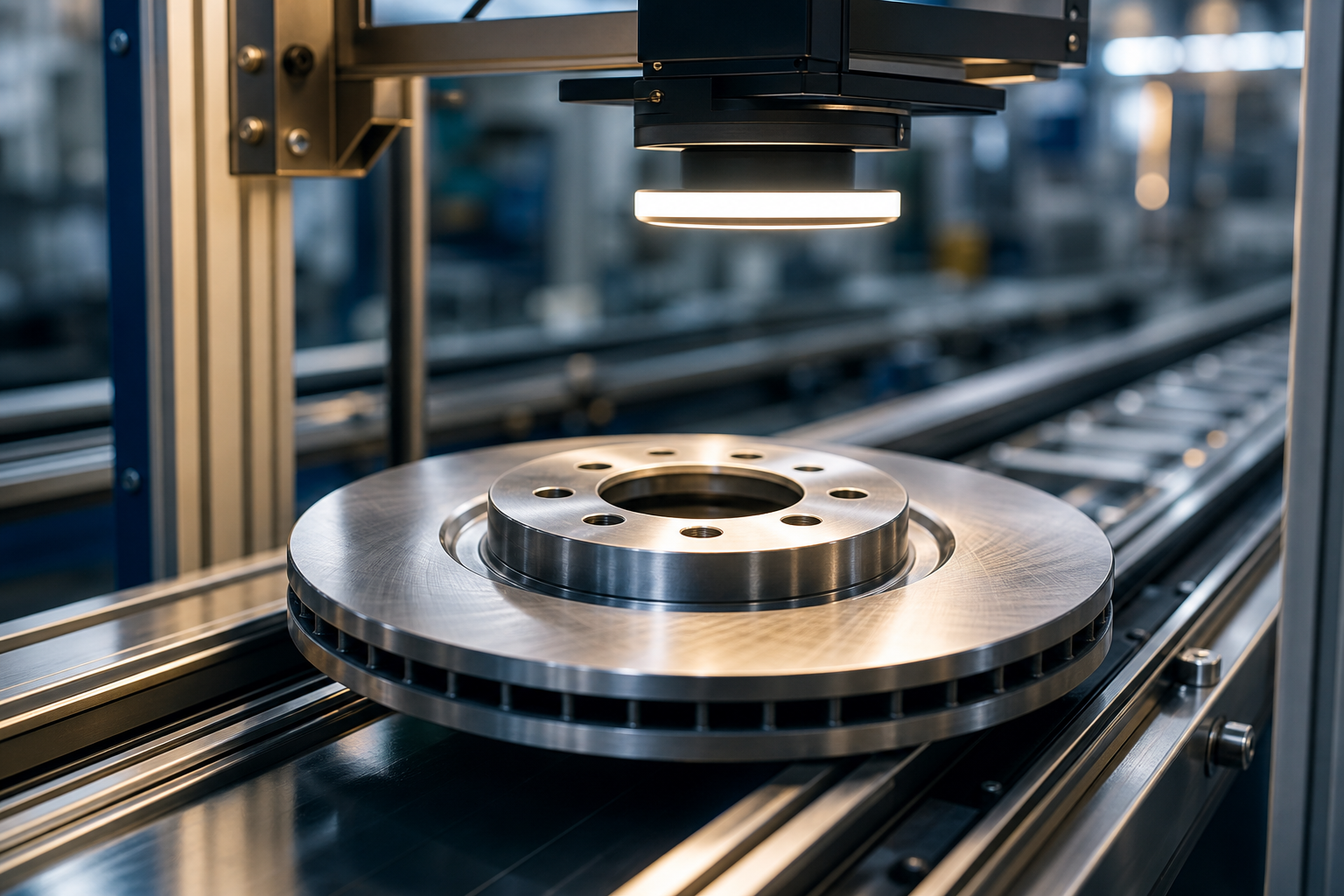 Close-up of an automotive metal brake component passing through a machine vision inspection station on a factory conveyor belt.