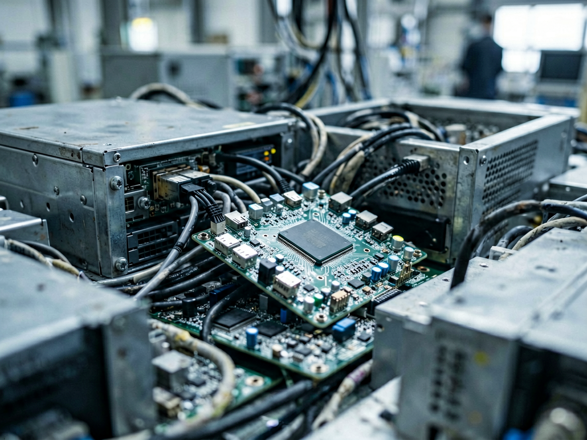 A close-up view of complex industrial server racks and cabling in a factory environment