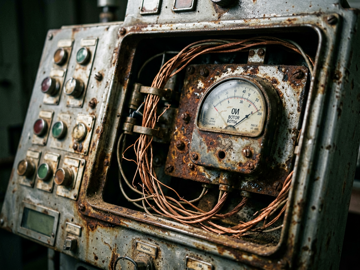 A close-up of an old industrial machine's control panel with tangled cables