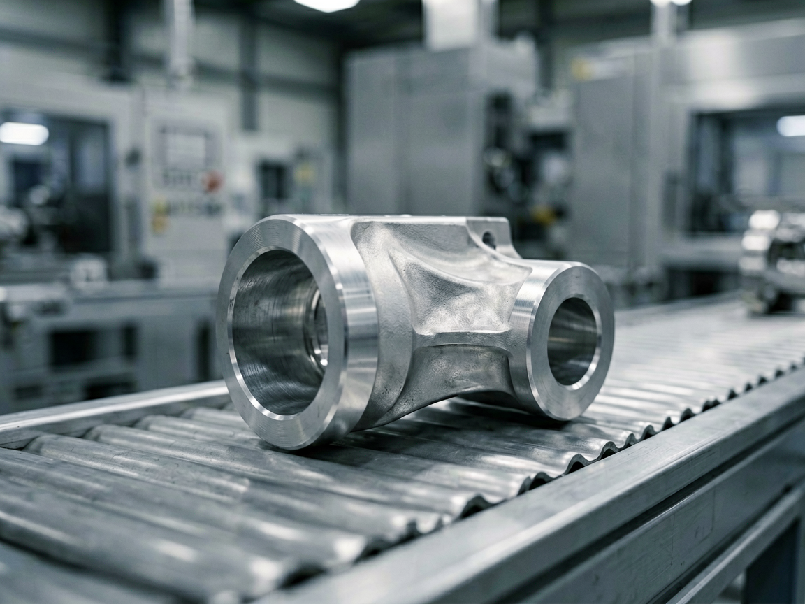 Close-up of a machined metal turning knuckle under polarized lighting on an assembly line