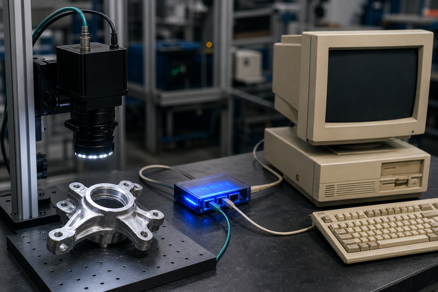 An industrial setting showing a modern robot arm or camera system connected via a glowing intermediate device to an old computer terminal, symbolizing protocol 