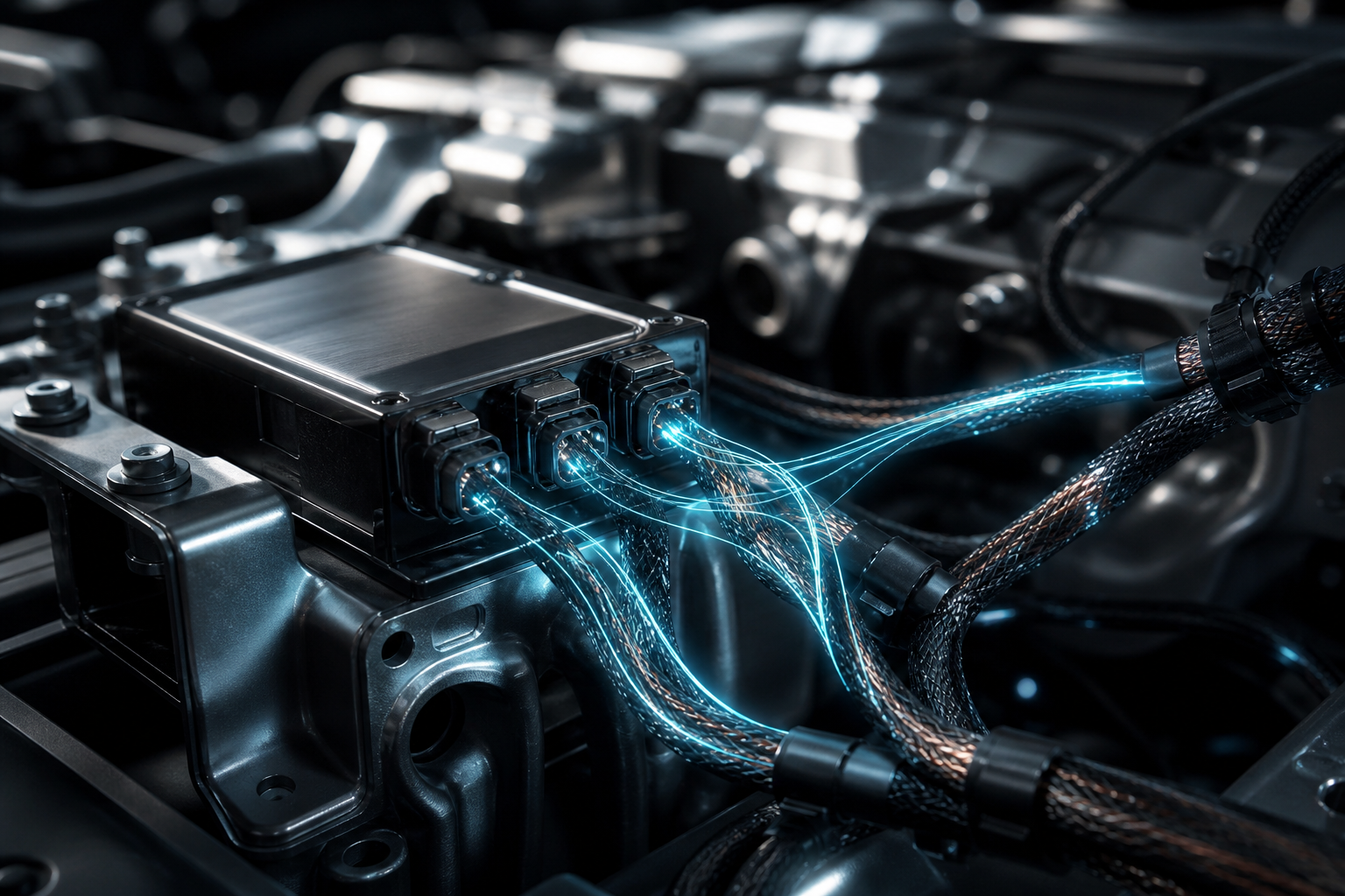 A cinematic close-up of a car's internal wiring harness with integrated digital light flows.
