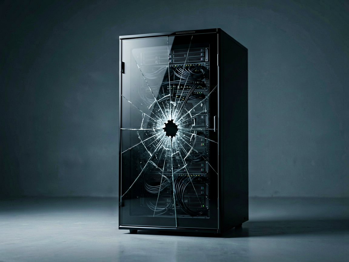 A sleek, modern server rack with a cracked glass front panel revealing chaotic internal wiring