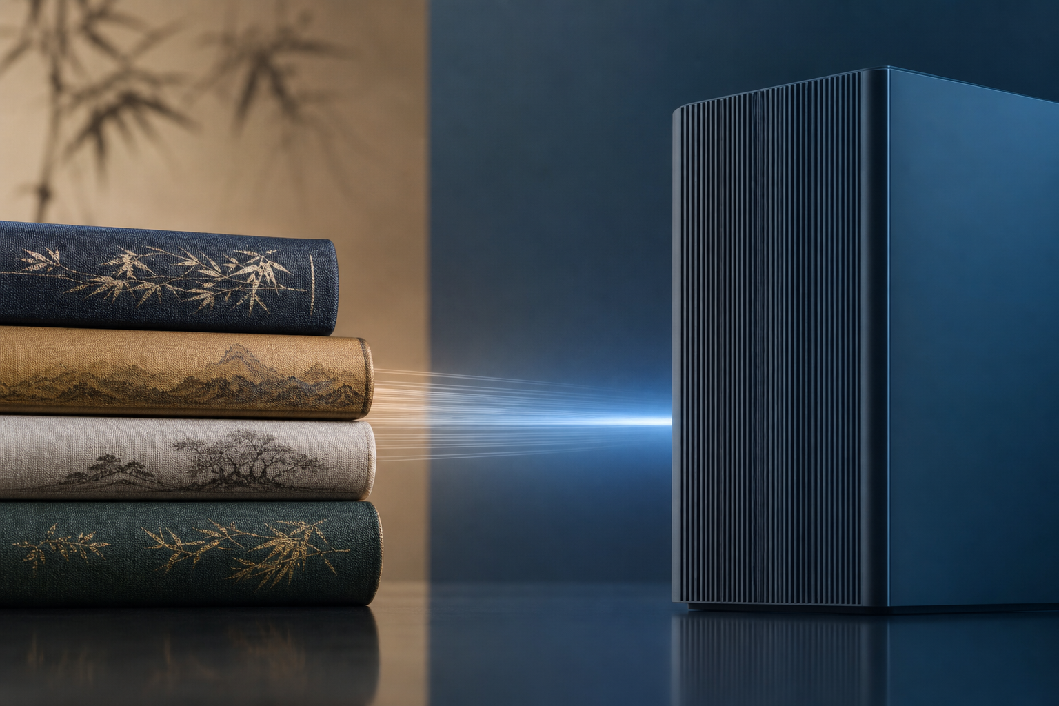 A conceptual editorial image showing a bridge connecting a stack of traditional Chinese books to a modern server rack, symbolizing the integration of native Chi