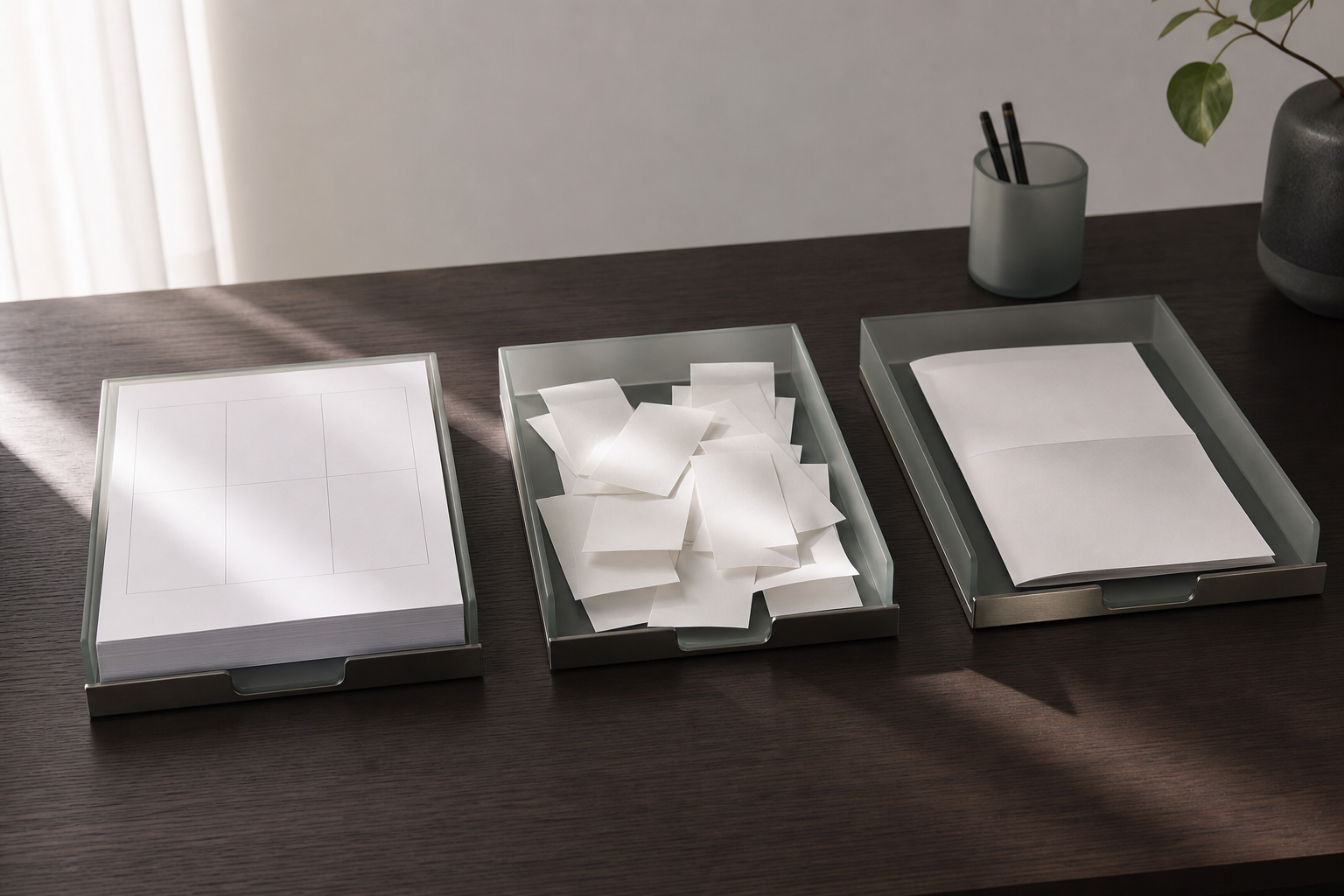 An editorial photograph showing three neatly organized, minimalist document trays on a modern office desk, symbolizing a structured three-step workflow.