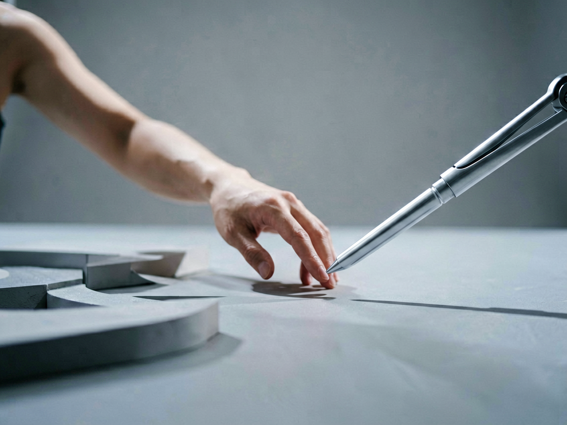 A human hand hesitating before a fork in a path, while a sleek, abstract robotic arm gently guides the choice towards one direction, symbolizing AI agency overr