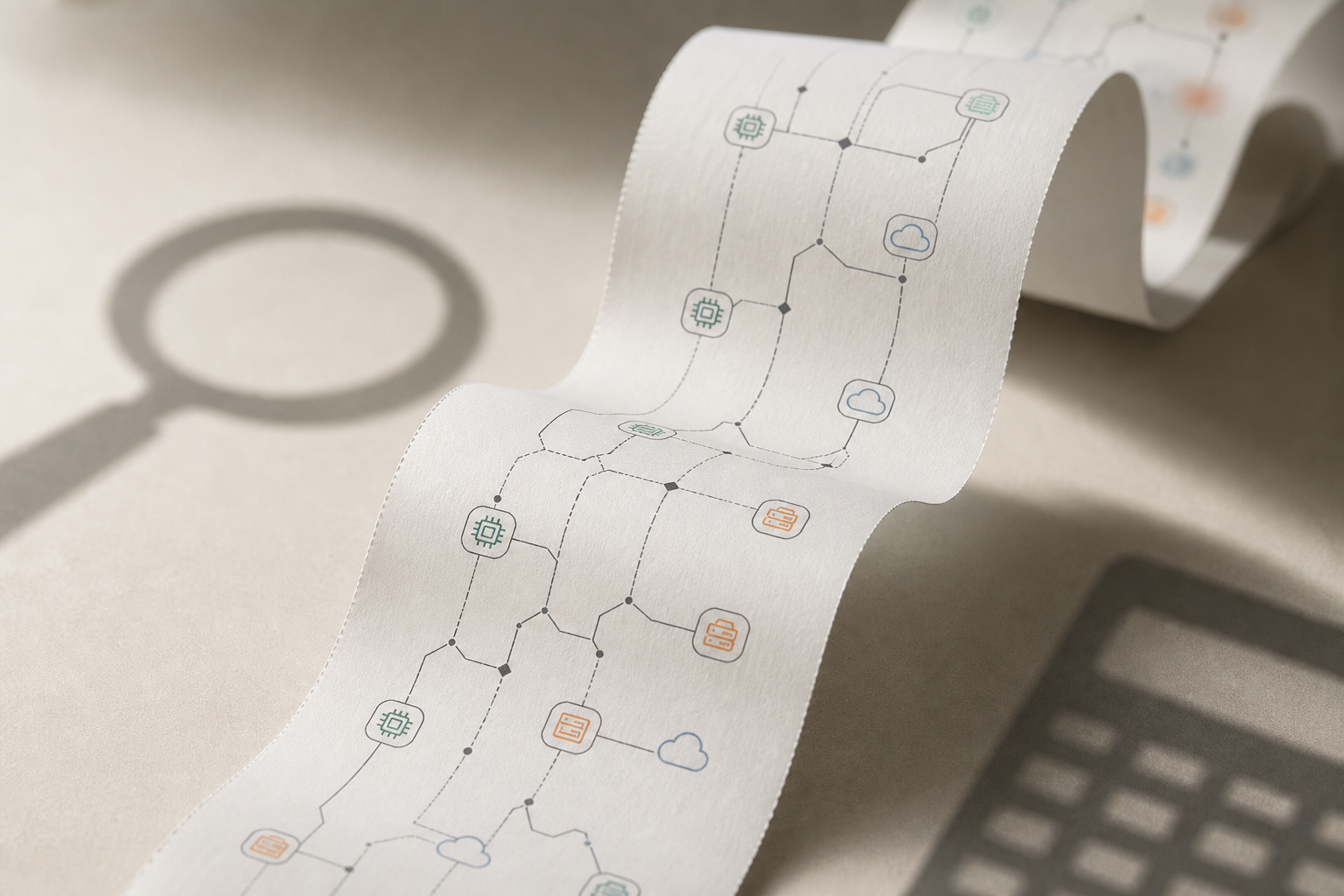 A tangled receipt with branching lines symbolizing hidden AI agent costs