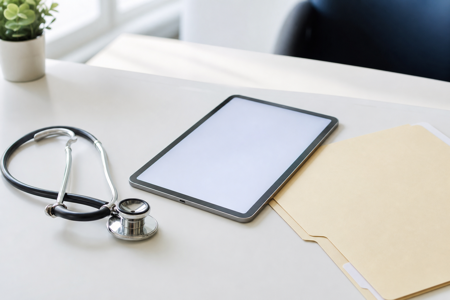 A professional doctor's desk with a stethoscope and a tablet, symbolizing AI-assisted diagnosis.