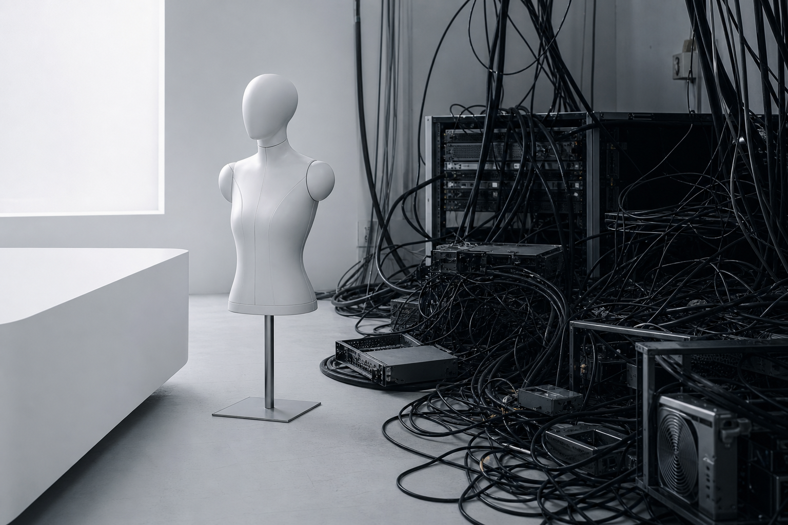 A split composition showing a sleek, empty digital avatar stand next to a complex, tangled web of cables and server racks