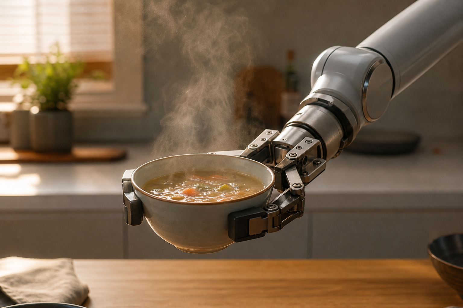 A robotic arm attempting to hold a steaming bowl of soup in a kitchen setting.
