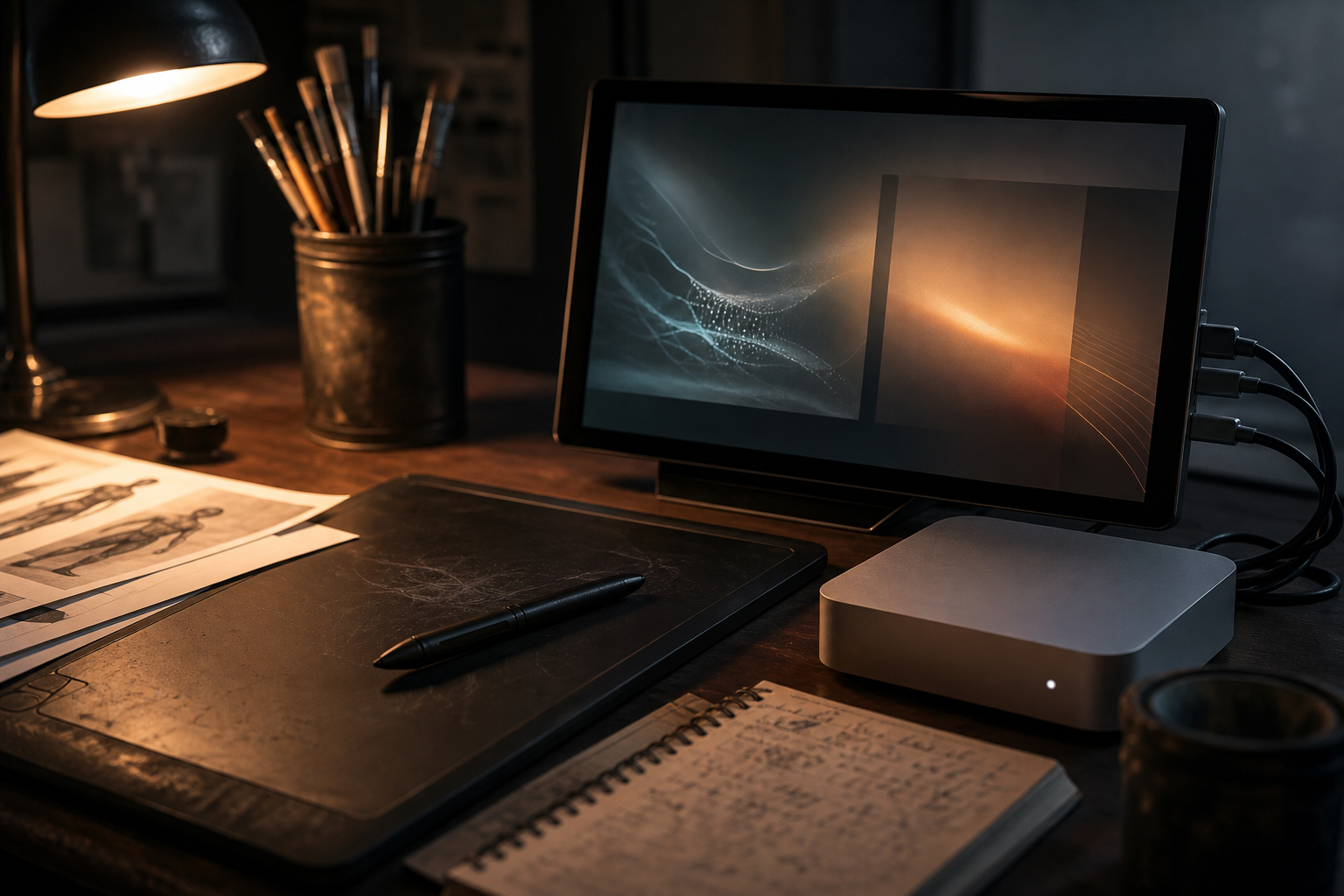 Original illustration tablet beside a fine-tuning workspace with reference folders and a small monitor.