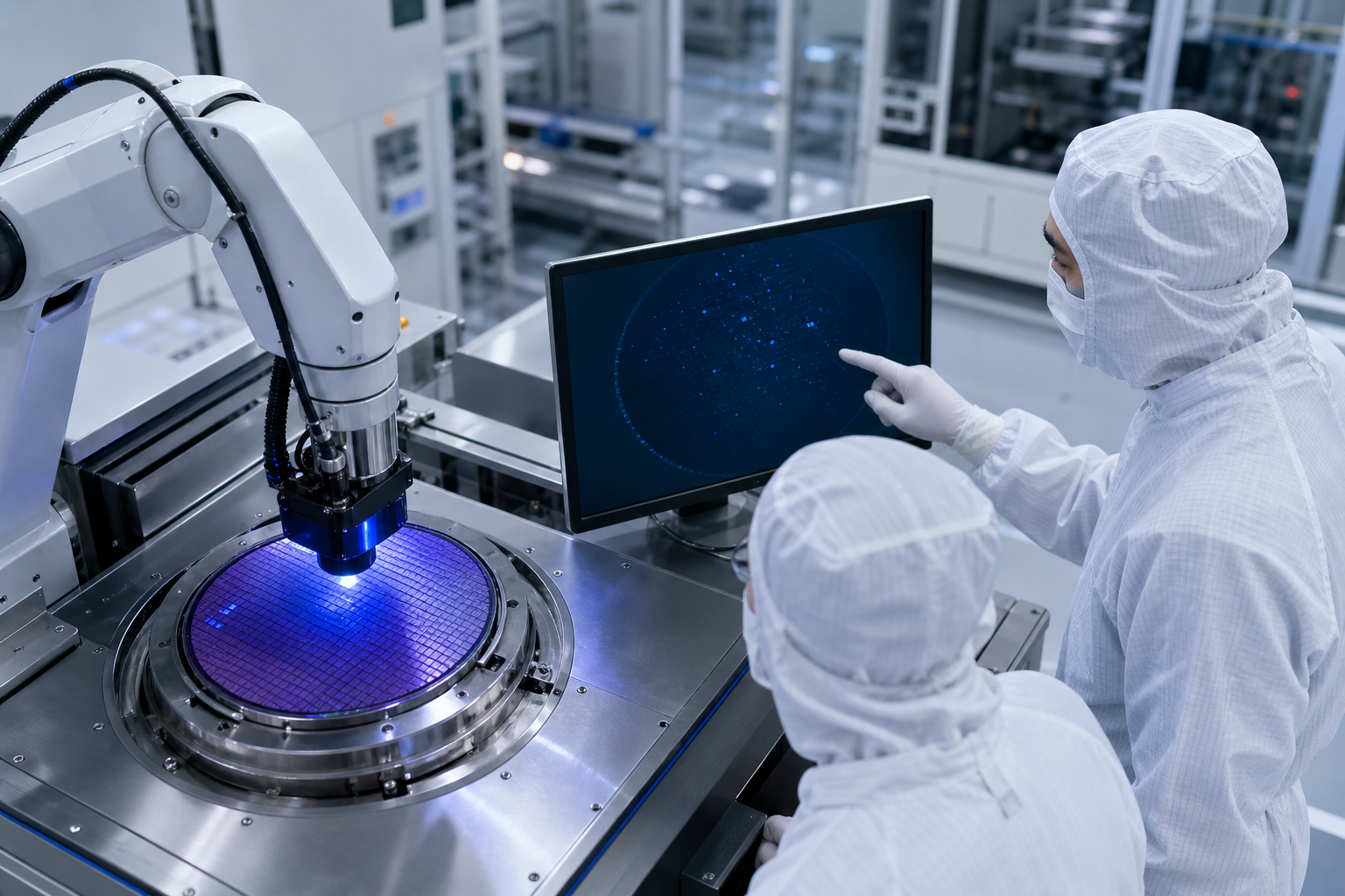 AI-powered wafer inspection in a semiconductor cleanroom with engineers collaborating.