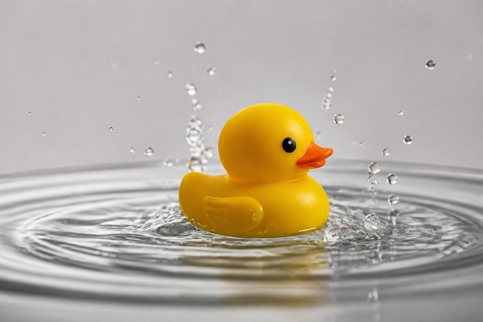 A hyper-realistic macro shot of a rubber duck in water with precise ripples and splashes.